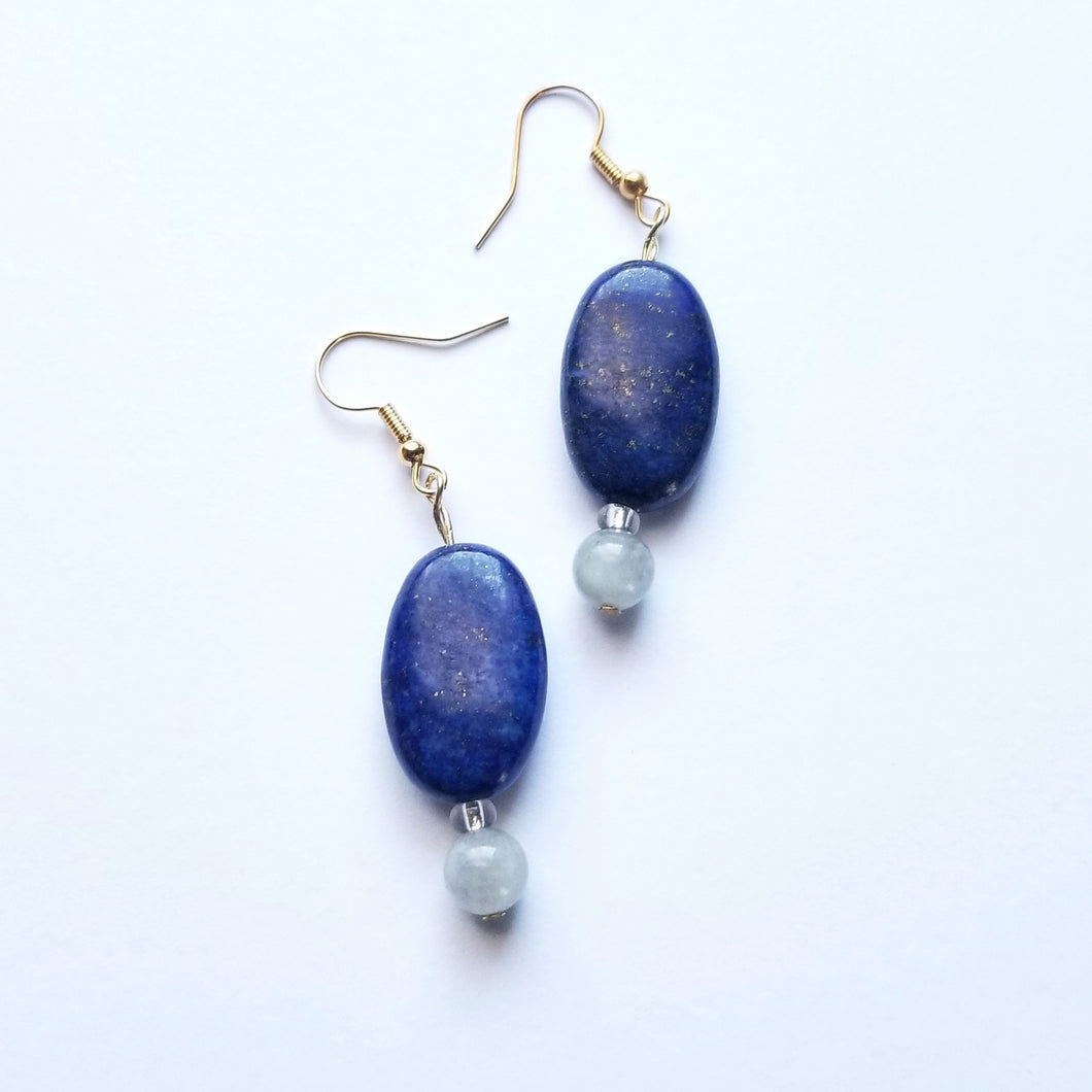 Lapis and Moonstone gold drop earrings